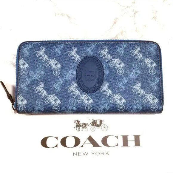 Coach Accordion Zipper Around Wallet Leather Horse Carriage Card Wallets Blue NW - Picture 3 of 6